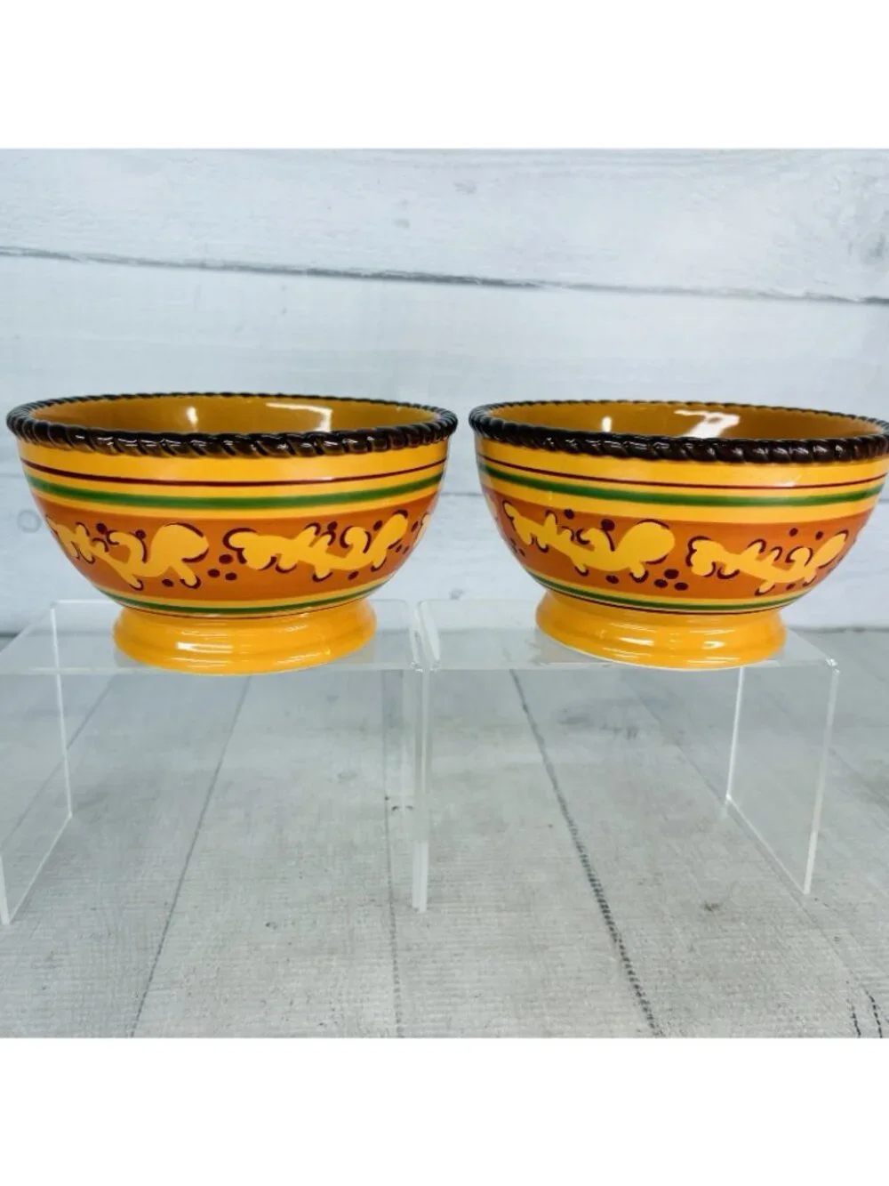 Celebrating Home TUSCAN Orange Yellow Stoneware Footed Soup Cereal Bowls Set 2